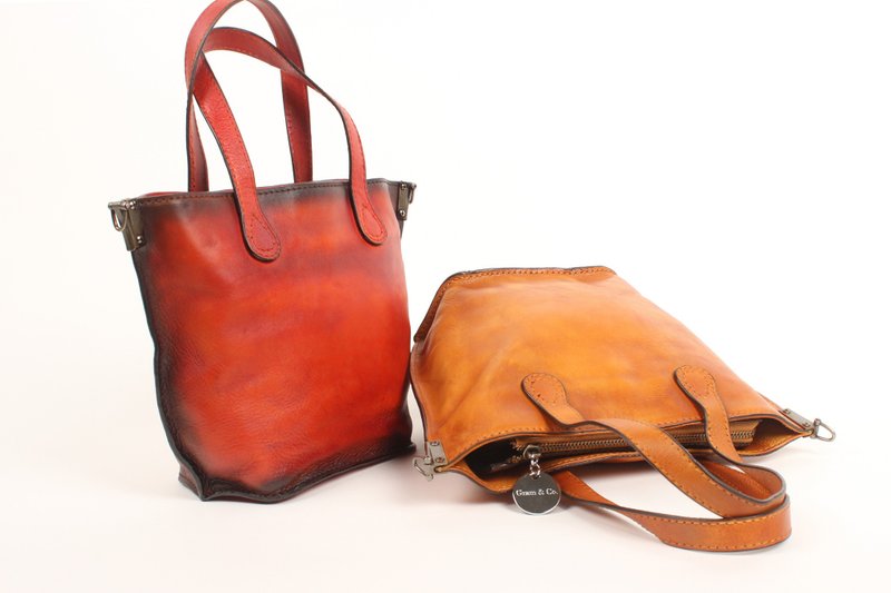 Gram&Co.真皮手工刷色植鞣革小托特-橘色 - 侧背包/斜挎包 - 真皮 