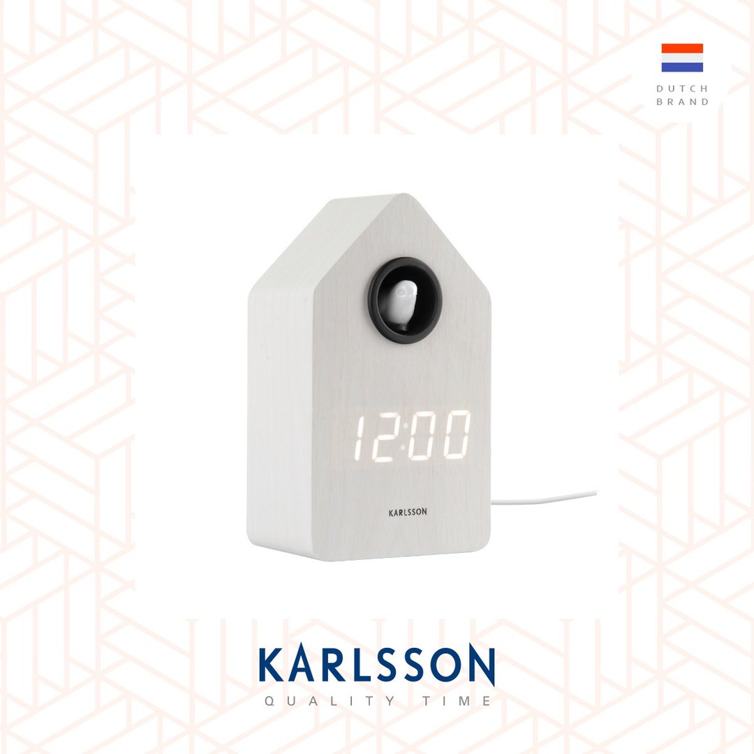 荷兰 Karlsson, 白色布谷鸟闹钟 LED 显示屏 - 多功能闹 (整点报时) - 时钟/闹钟 - 木头 白色