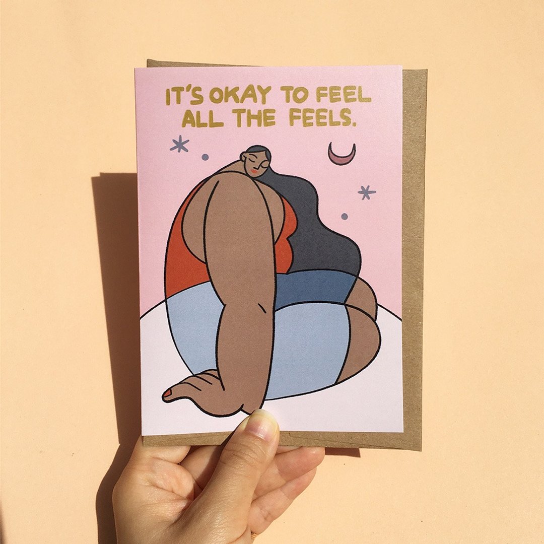 给予鼓励的祝福卡。极简风格，以女性与花卉为主题。Its Okay to Feel All the Feels (感受各种情绪是没关系的)。 - 卡片/明信片 - 纸 