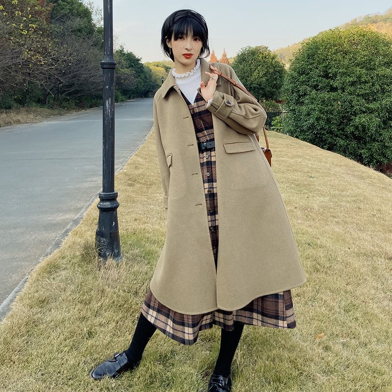 双面尼长款大衣-驼绿色|大衣|外套|冬款|羊毛+聚酯纤维|Sora-423 - 女装休闲/机能外套 - 羊毛 