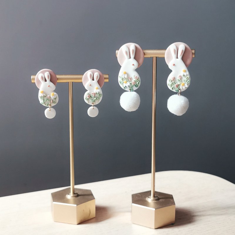 bi bunny //兔子雏菊手工软陶耳环 - 耳环/耳夹 - 粘土 白色