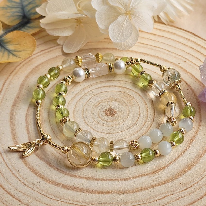 林语晨光。 橄榄石  葡萄石 钛晶 闪灵钻 绿幽灵 双圈手链 - 手链/手环 - 水晶 绿色