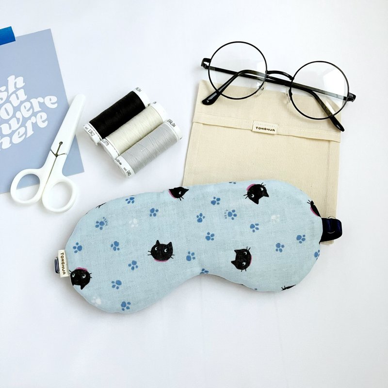 有机棉手工眼罩 浅蓝小黑猫 纯棉二重纱 可调长度 附收纳袋 遮光 - 眼罩 - 棉．麻 蓝色