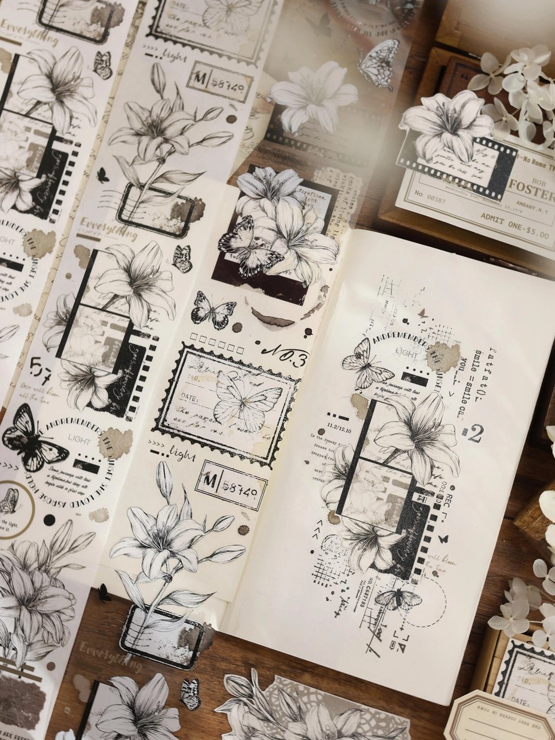 百合信笺 轻复古黑白百合花 手帐 PET 和纸胶带 - 纸胶带 - 纸 卡其色