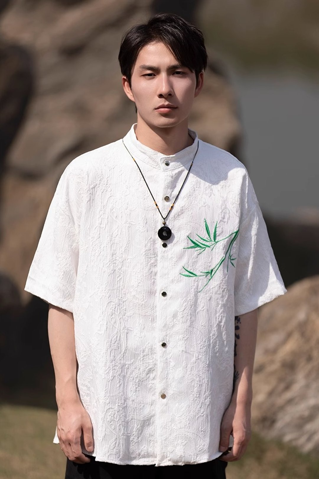 新中式复古 盘扣立领短袖衬衫 - 男装衬衫 - 其他材质 白色