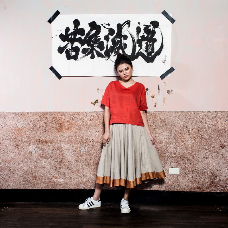 麻料100%RAMIE纯苎麻V领上衣TOP_CT004亮橘 - 中性连帽卫衣/T 恤 - 棉．麻 橘色