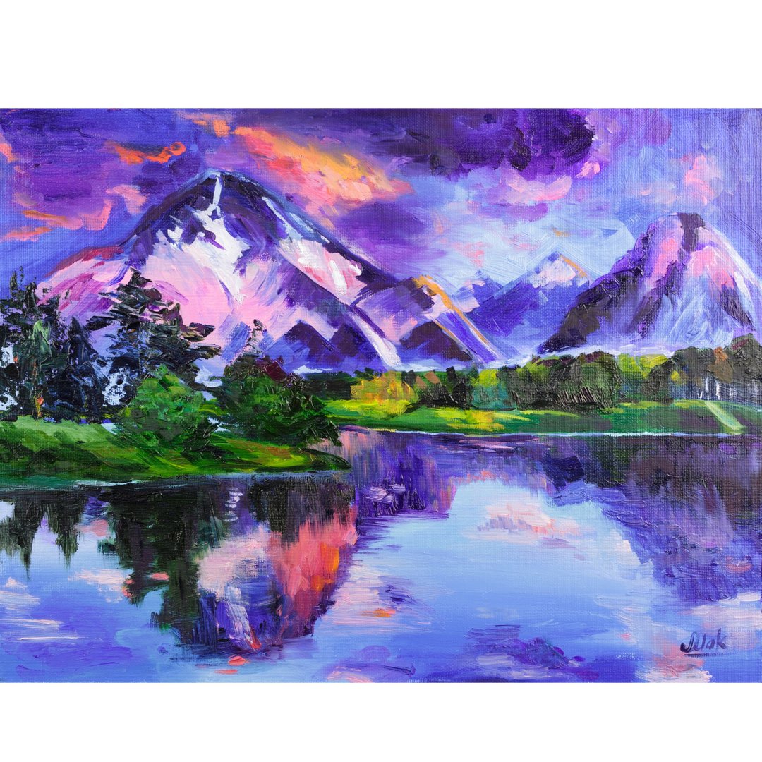 Mountain Lake Original Art Grand Teton Painting Wyoming Wall Art National Park - 海报/装饰画/版画 - 其他材质 紫色