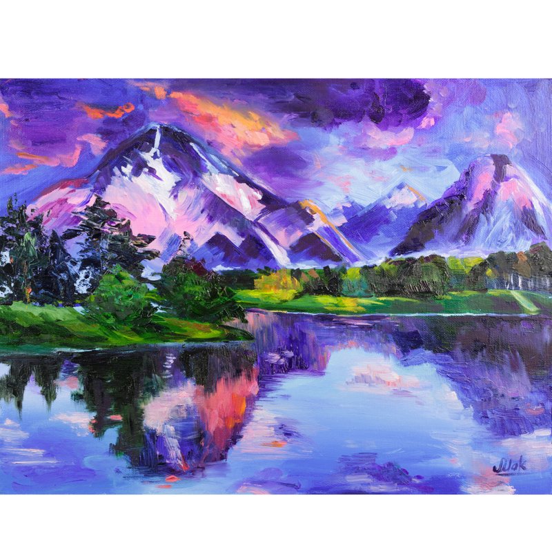 Mountain Lake Original Art Grand Teton Painting Wyoming Wall Art National Park - 海报/装饰画/版画 - 其他材质 紫色