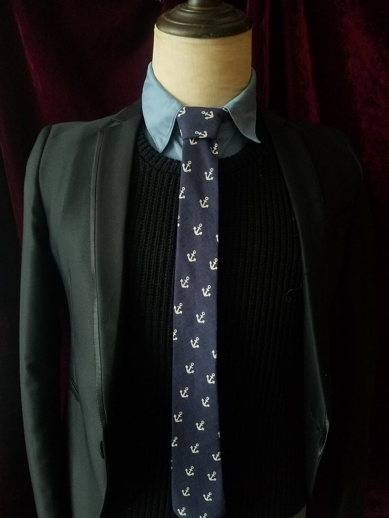 蓝色船锚领带小清新百搭领带 - 领带/领带夹 - 棉．麻 蓝色