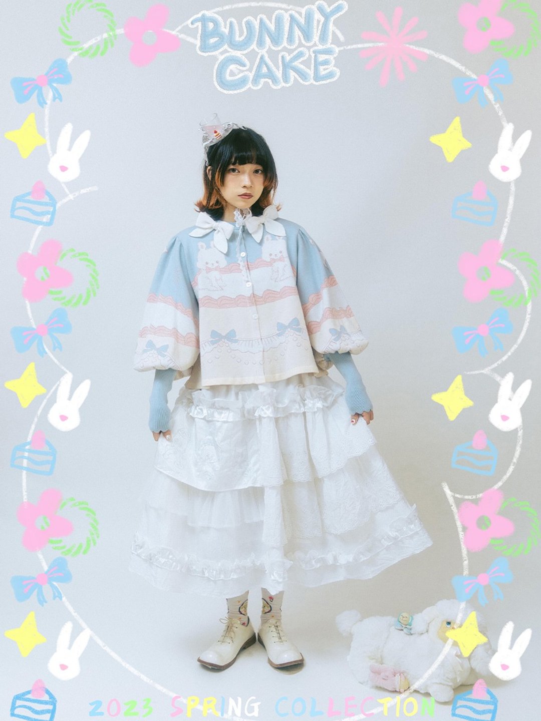 Meugler牛稠岛 兔子奶油蛋糕lolita甜美蝴蝶结短款羊腿袖针织开衫 - 女装针织衫/毛衣 - 聚酯纤维 多色