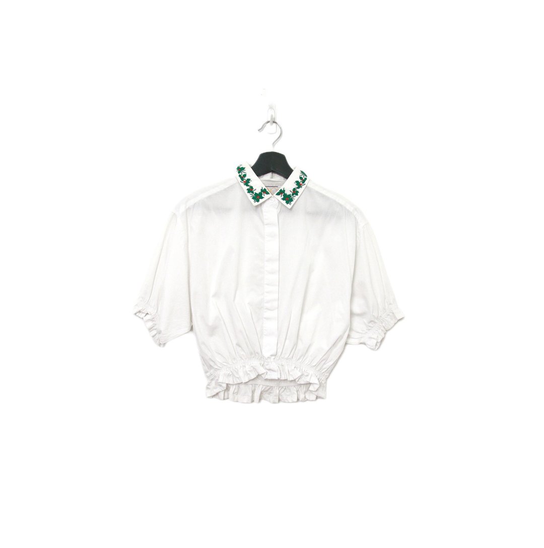 Back to Green-再制刺绣白衬衫 圣诞红 ws-01//vintage shirt - 女装衬衫 - 棉 