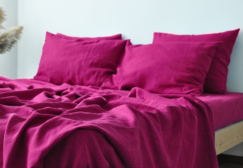 Fuchsia linen sheet set / Flat+fitted sheet+2 pillowcases / Pink bedding - 寝具 - 亚麻 粉红色