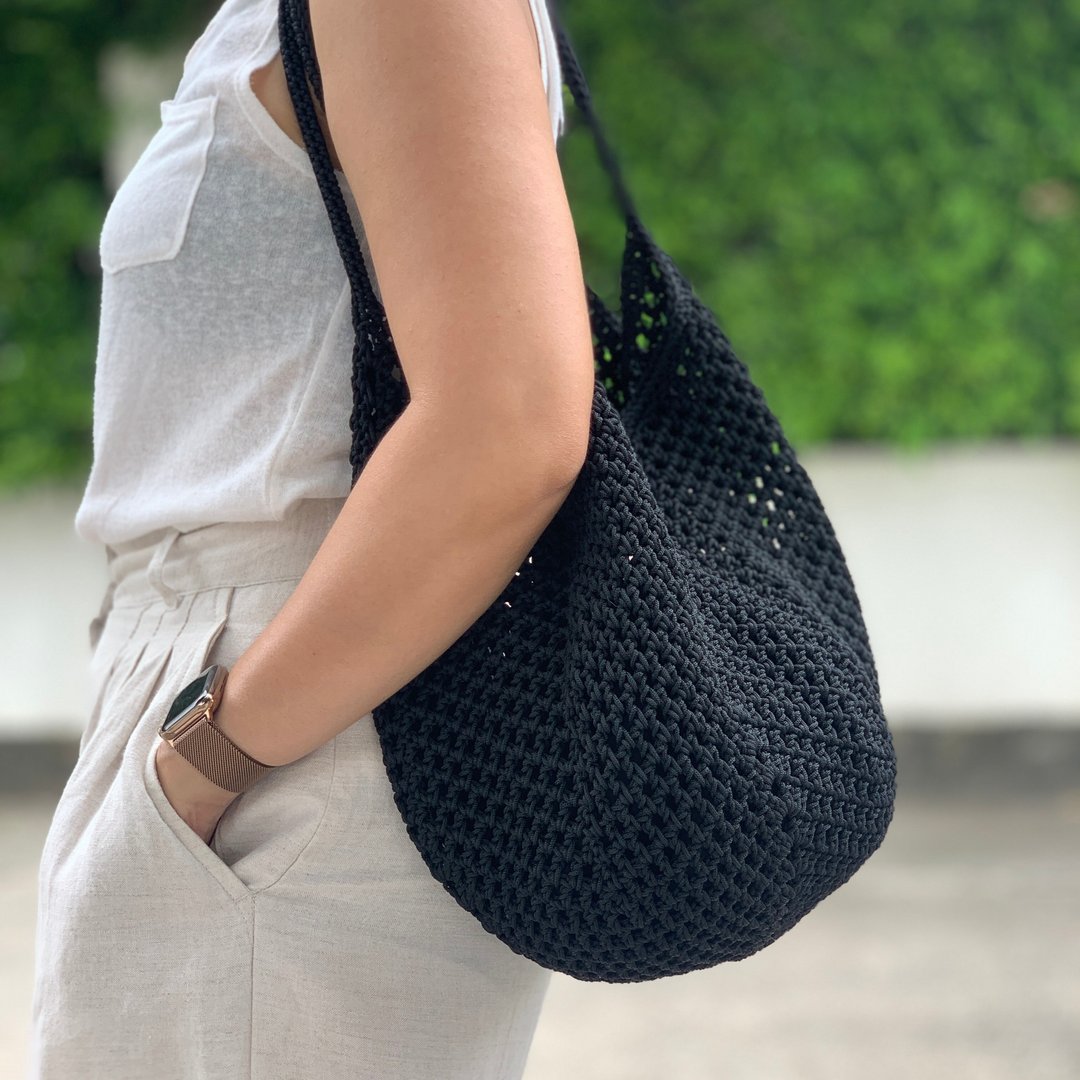 Linen Crochet Tote Bag in Black Color  手工钩针编织托 - 手提包/手提袋 - 聚酯纤维 黑色