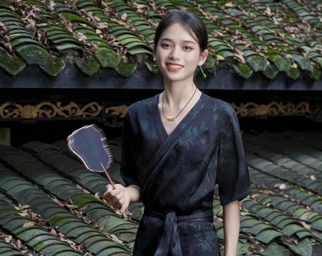 東方衣飾美 新中式中國風藏裝 竹叶文艺松弛感洋裝 - 洋装/连衣裙 - 其他材质 黑色