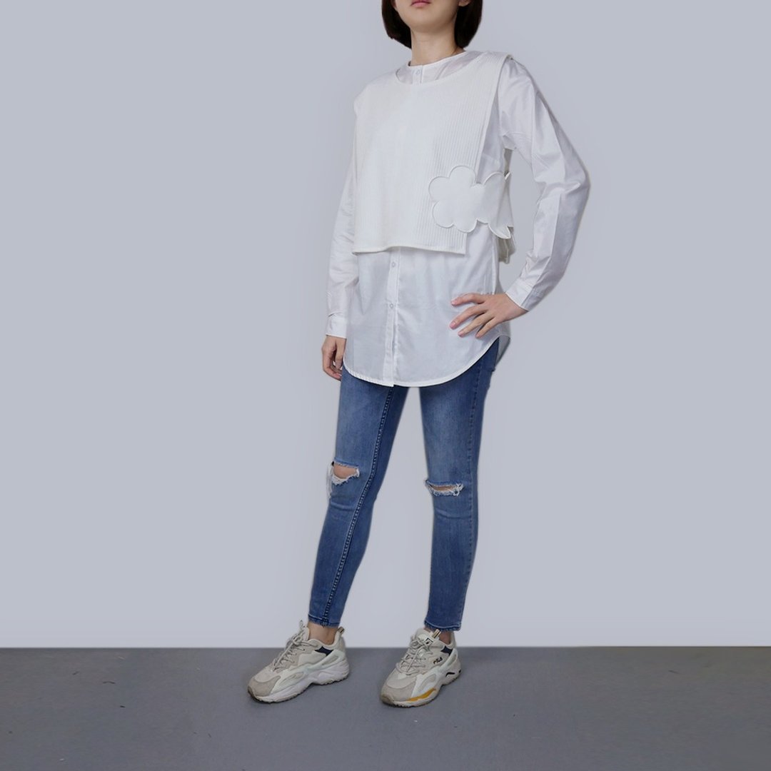 白色针织罩衫两件式长版衫 - 女装上衣 - 棉 白色