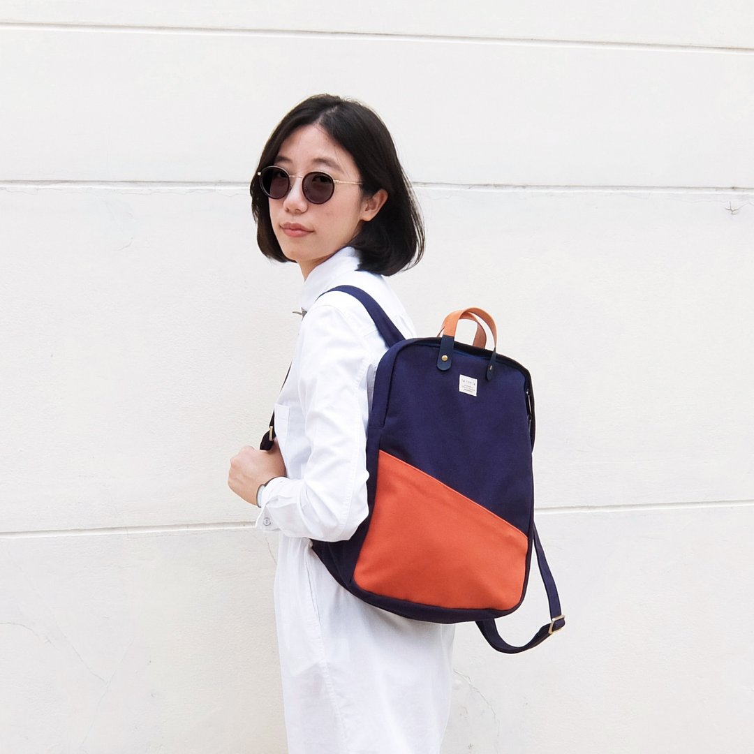 Navy brick girl backpack : 3 ways bag : backpack, sling bag, handbag - 后背包/双肩包 - 棉 橘色
