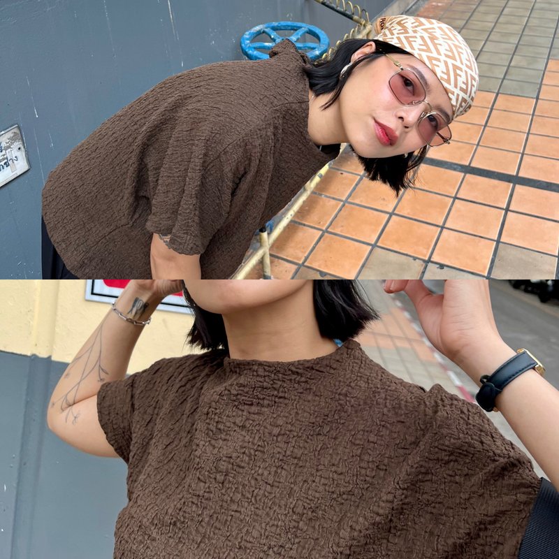 Textured blouse 短袖高领上衣 - 女装上衣 - 其他材质 咖啡色