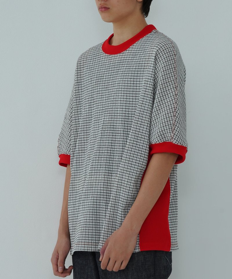 格纹褶皱短袖 T 恤 - 女装 T 恤 - 聚酯纤维 灰色