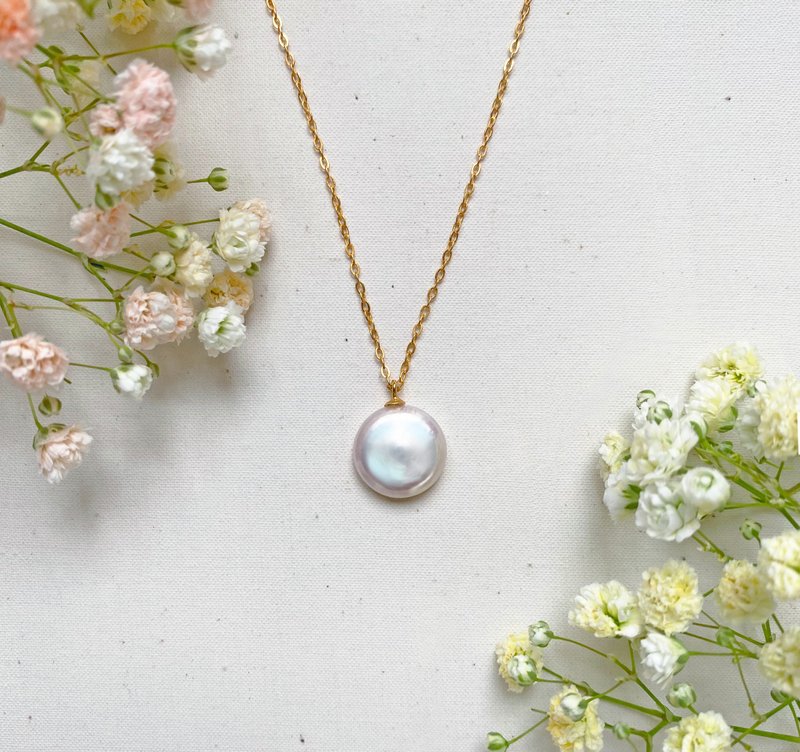 925纯银镀金 天然淡水扁圆钮扣珍珠项链 母亲节礼物 - 项链 - 珍珠 白色