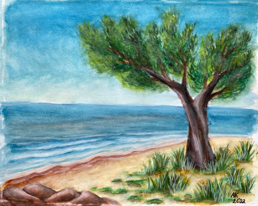 咸水金沙水彩画、风景艺术、海滩、海景、旅行 - 墙贴/壁贴 - 其他材质 蓝色