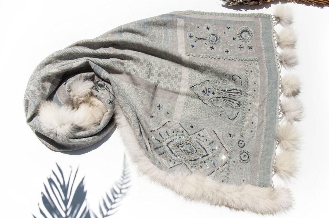 喀什米尔Cashmere/水煮羊毛披肩/针织围巾/刺绣围巾/羊绒披巾-花 - 围巾/披肩 - 羊毛 多色