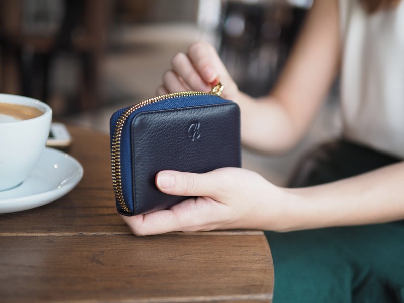 Classic Coin (Navy) : Zip wallet, Short wallet, Leather, Navy Blue wallet - 皮夹/钱包 - 真皮 蓝色