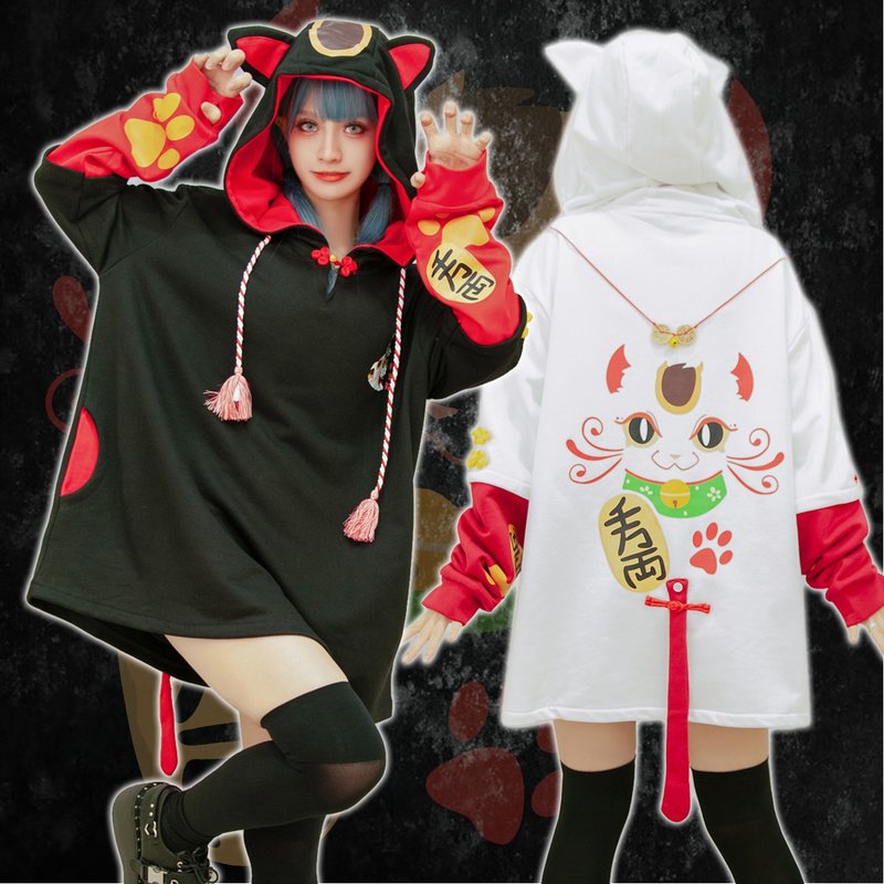 原创香港绘师芝麻招财猫中国结流苏抽绳假两件猫耳连帽T恤JJ4053 - 中性连帽卫衣/T 恤 - 棉．麻 