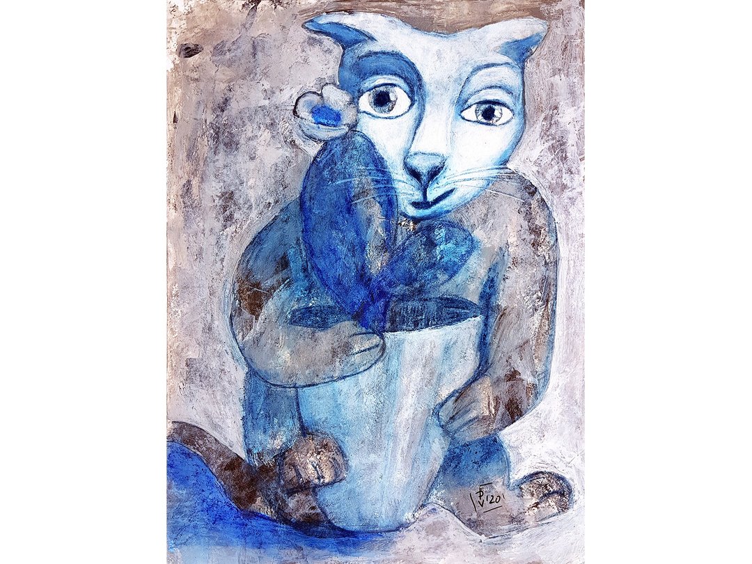 Cat Painting Original Art Wall Decor Acrylic Cactus Pet Naive Small Artwork - 墙贴/壁贴 - 纸 多色