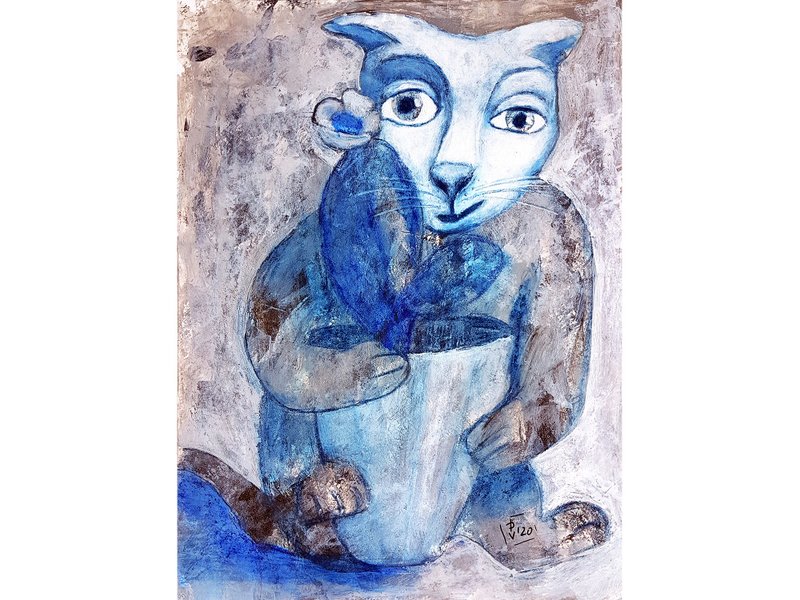 Cat Painting Original Art Wall Decor Acrylic Cactus Pet Naive Small Artwork - 墙贴/壁贴 - 纸 多色