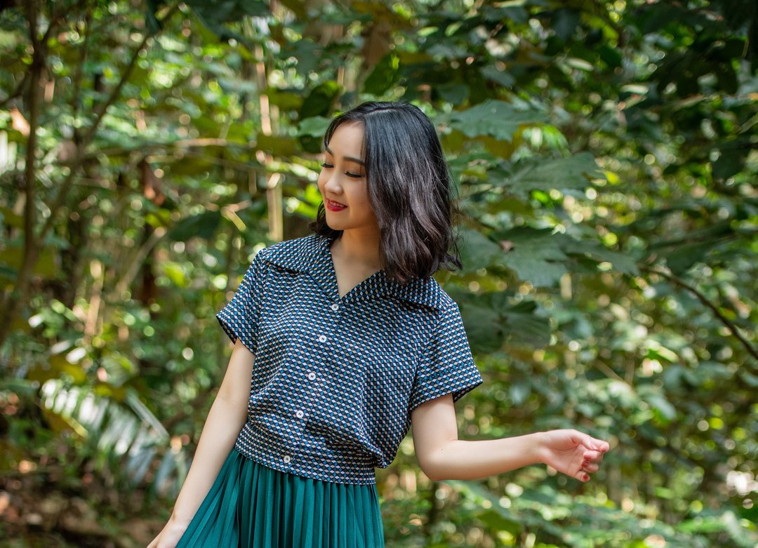 三度空间 短袖衫Retro Print Top - 女装衬衫 - 聚酯纤维 黑色