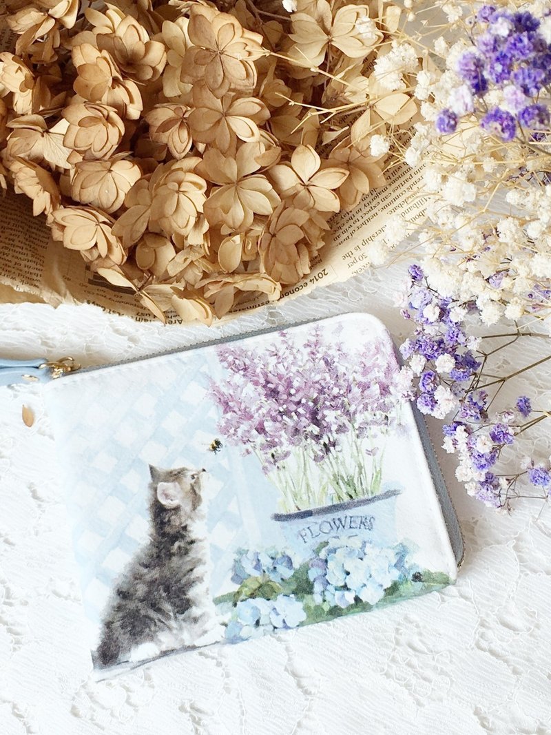 【L型短夹】猫咪的小花园 L型拉链短夹 轻薄 零钱包 皮包 钱包 - 皮夹/钱包 - 防水材质 