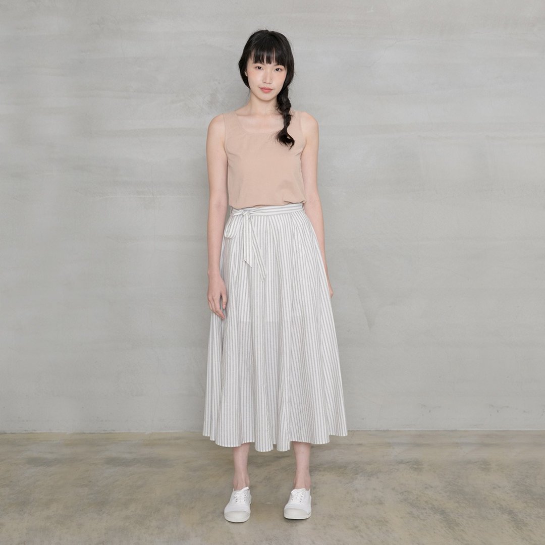 漫游时光条纹长裙 Stay Roaming Stripe Skirt - 裙子 - 棉 白色