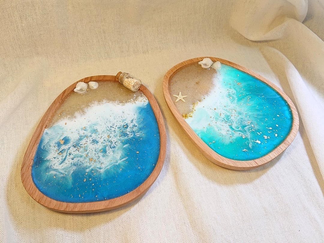 蓝海与绿海:海浪实木托盘/环氧树脂托盘 - 摆饰 - 树脂 蓝色