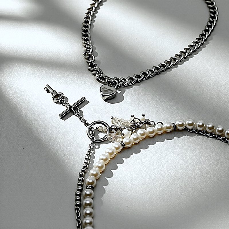 锁爱 Lock of Love 原创中性项链 钛钢 珍珠 琉璃 钥匙爱心 - 项链 - 其他材质 银色