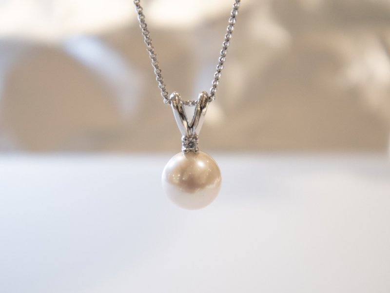 925纯银正圆11.5-12mm天然淡水珍珠免仔耳闪石-吊坠项链 - 项链 - 珍珠 白色