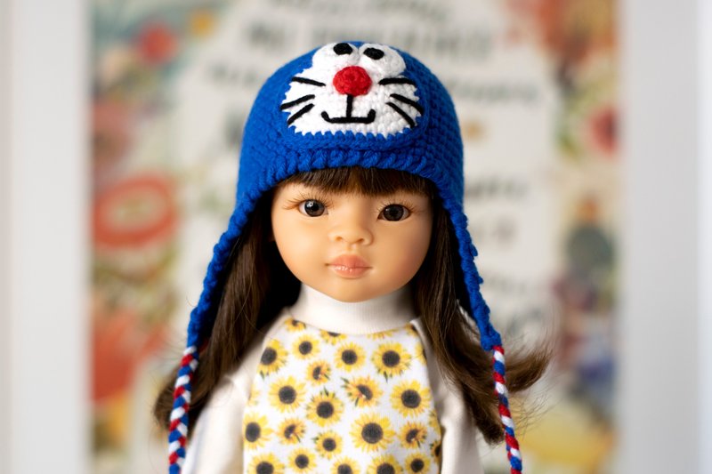 Doraemon cat hat for doll Paola Reina, Siblies, Little Darling, animals hat, 针织帽 - 玩具/玩偶 - 棉．麻 蓝色