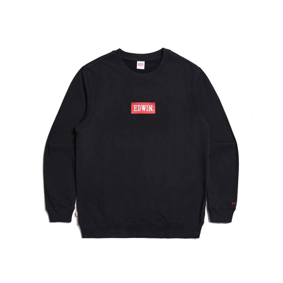 EDWIN 男装 加大码 BOX LOGO 绣花厚长袖 T 恤 (黑色) #上衣 - 中性连帽卫衣/T 恤 - 棉 黑色