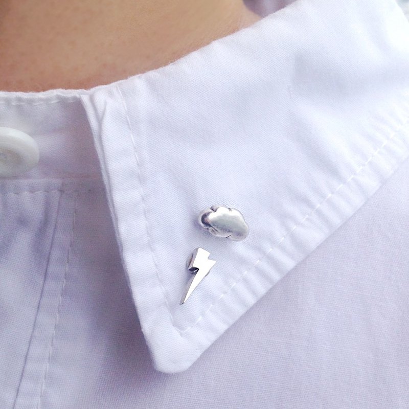 Sterling Silver Cloud With Lightning Bolt Pin Set, Thunder Pin Set - 胸针 - 其他金属 银色