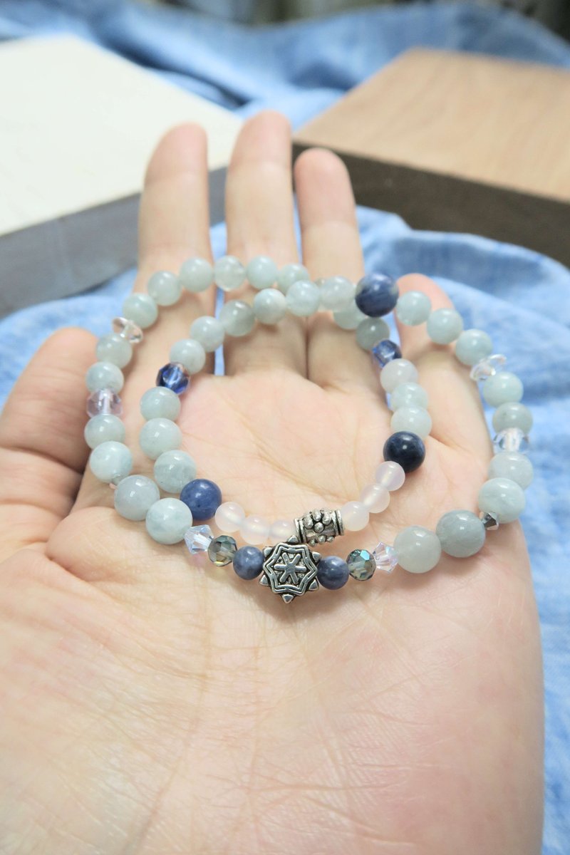 【换季特卖】海蓝宝 蓝纹石 苏打石 捷克手工石 藏银珠 双圈 手链 - 手链/手环 - 水晶 蓝色