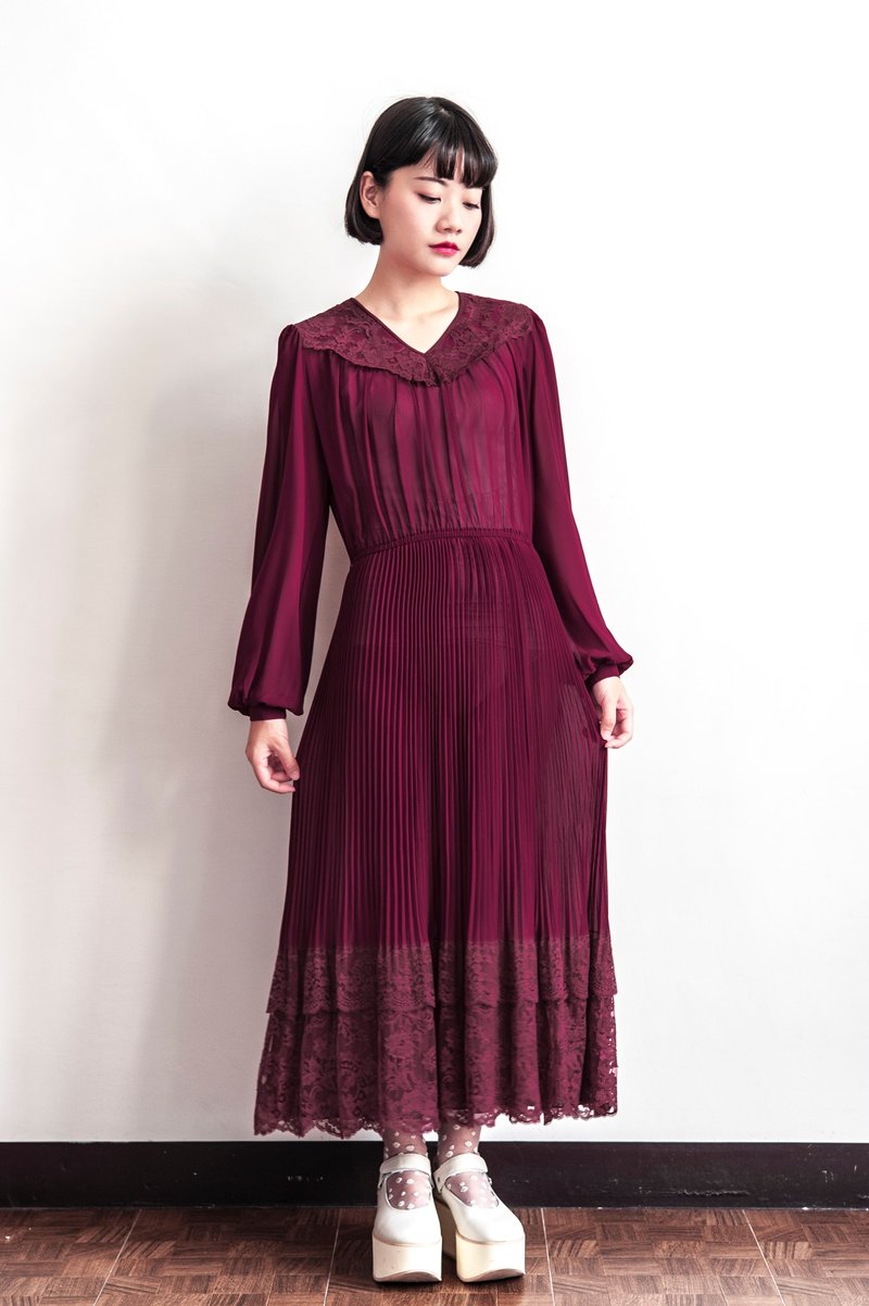 Vintage 蕾丝暗红色长袖古着洋装 - 洋装/连衣裙 - 聚酯纤维 红色