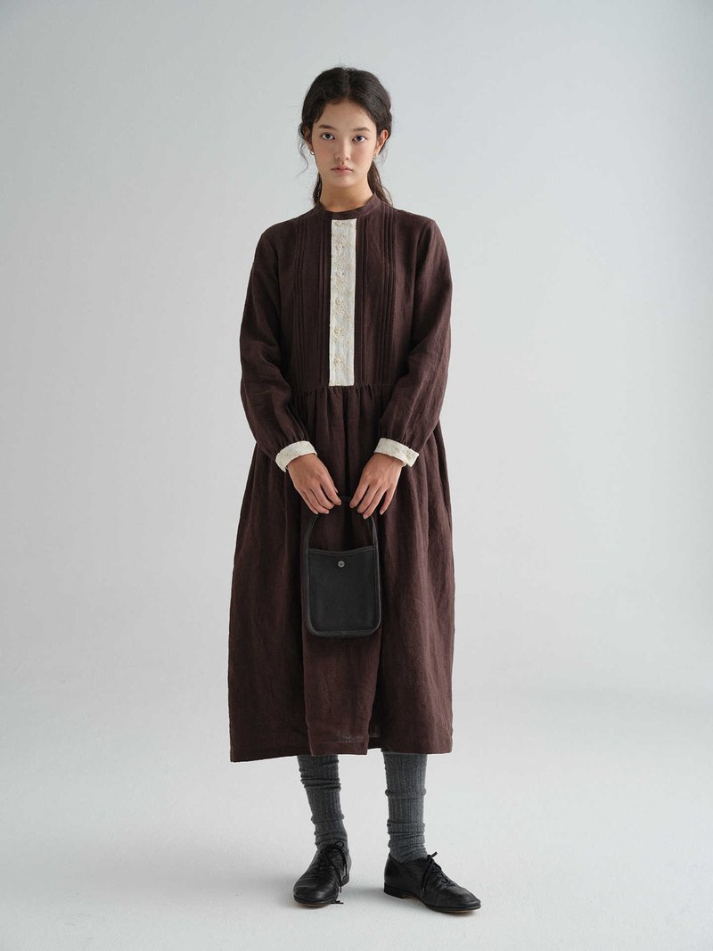 棕色拼接刺绣水洗亚麻复古连衣裙洋装 - 洋装/连衣裙 - 棉．麻 多色