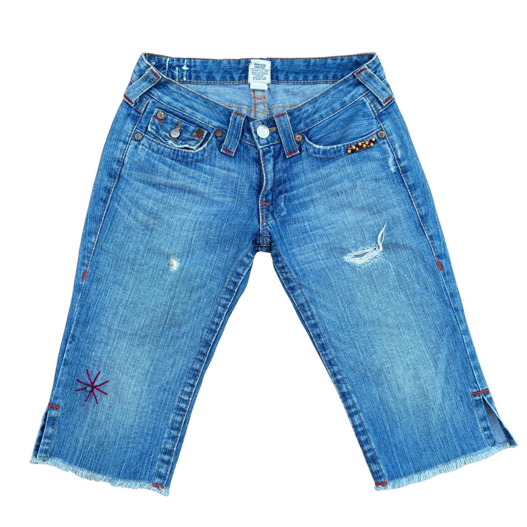 复古 90 年代 True Religion Joey 裤脚裁短牛仔裤 鞍后饰珠 - 女装长裤 - 棉 蓝色