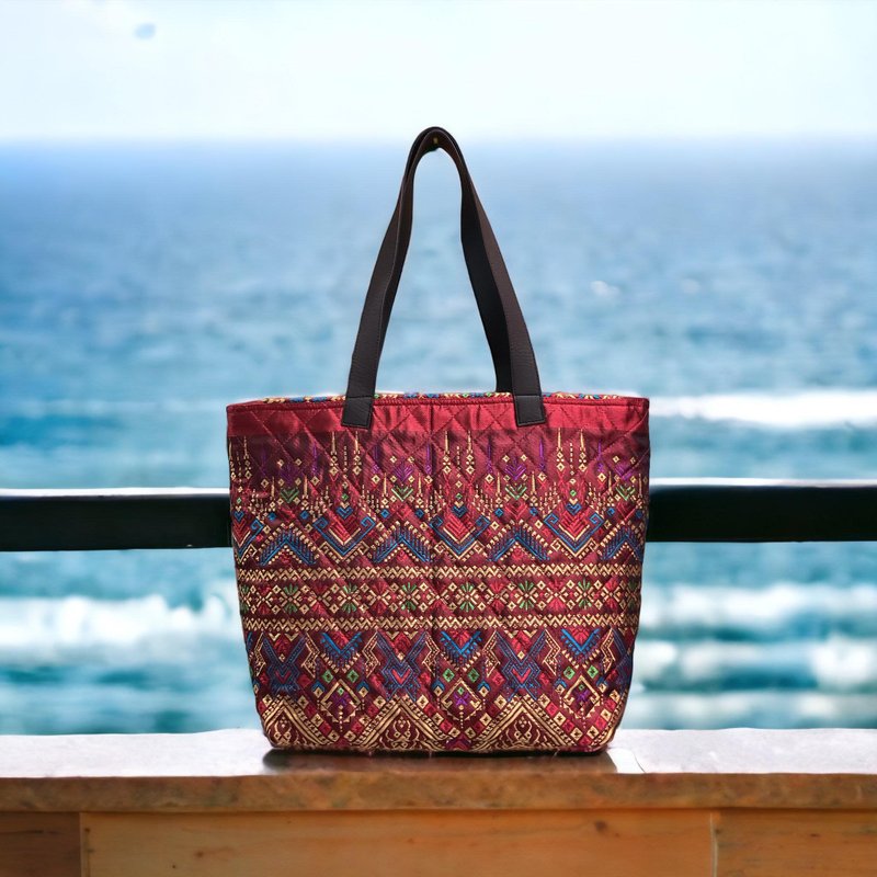 斜背包, 绗缝包, 泰国织布, 仿皮提把 - 手提包/手提袋 - 棉．麻 红色