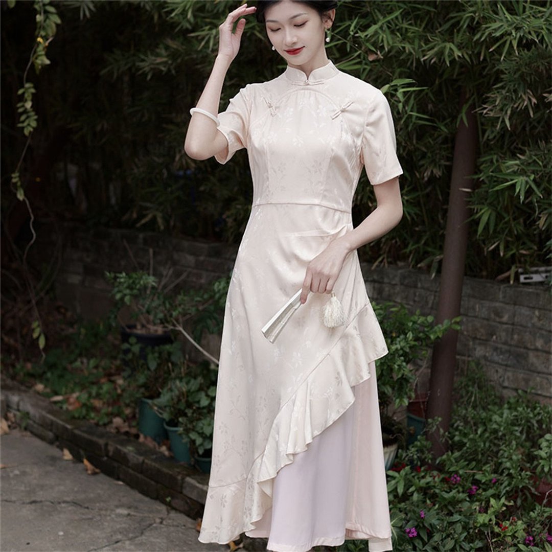 山梔 茶杏色改良雙襟旗袍連衣裙 短袖春夏洋裝 氣質不規則裙子 - 旗袍 - 聚酯纤维 黄色