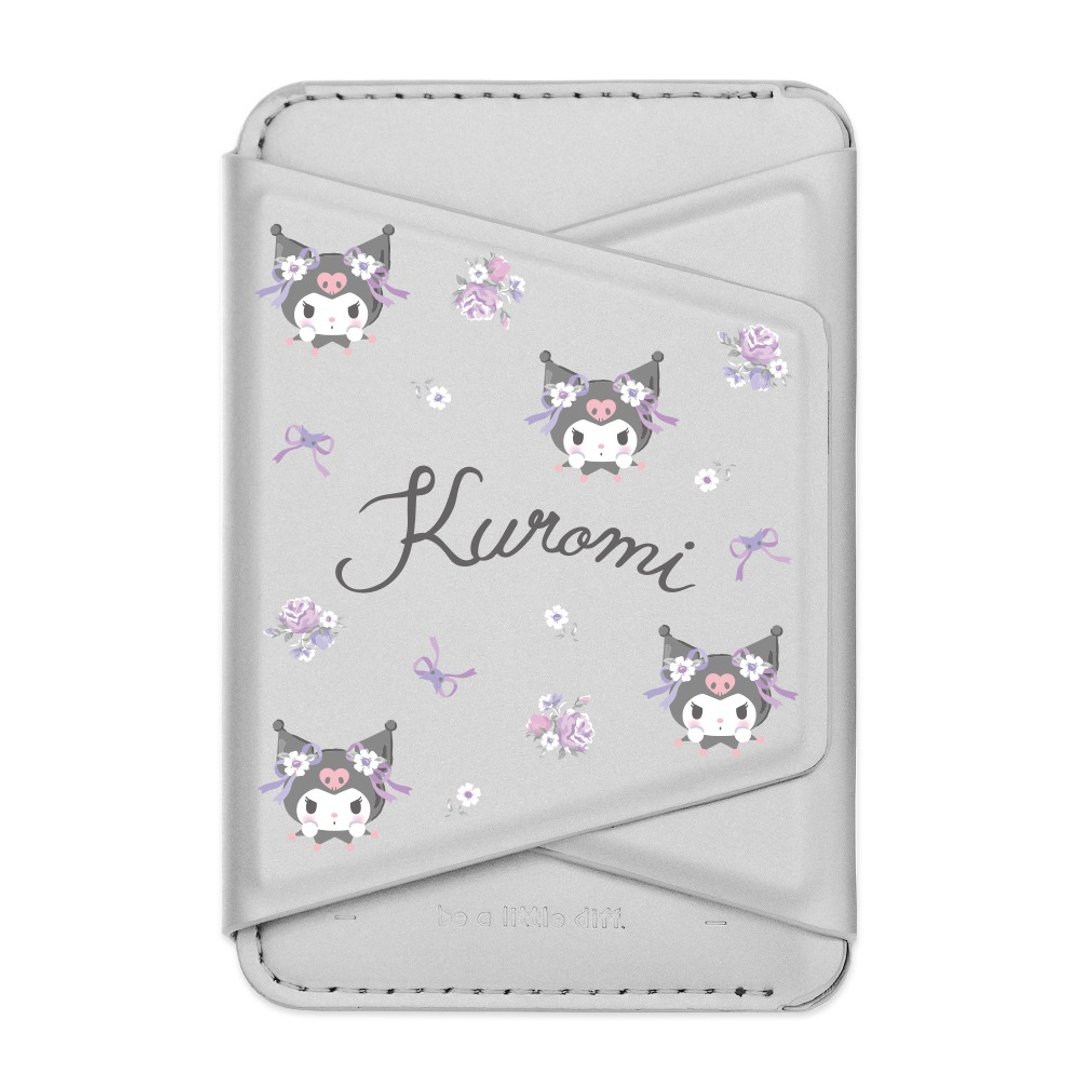 Kuromi 酷洛米－小花银色款 支架磁吸卡包 小牛皮感 手机支架 - 手机座/防尘塞 - 人造皮革 银色