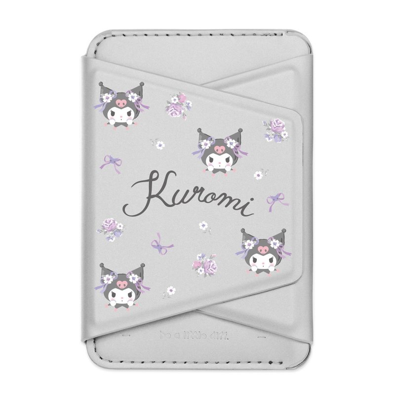 Kuromi 酷洛米－小花银色款 支架磁吸卡包 小牛皮感 手机支架 - 手机座/防尘塞 - 人造皮革 银色