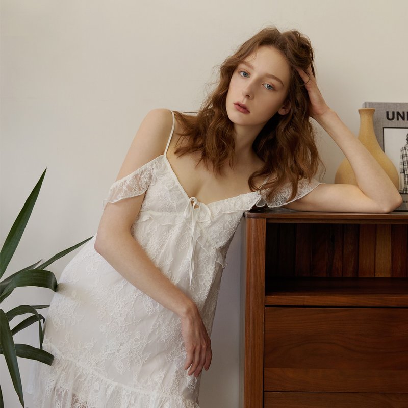 蕾丝吊带睡裙 网纱连衣裙家居服可外穿度假裙春夏女 - 洋装/连衣裙 - 棉．麻 白色