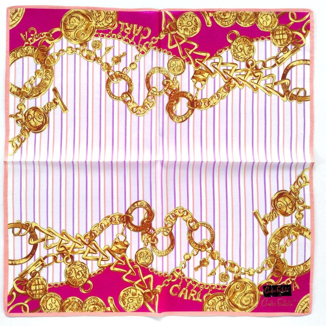 Carlos Falchi Vintage Handkerchief Golden Chain and Charms 19 x 19 inches - 手帕/方巾 - 棉．麻 粉红色