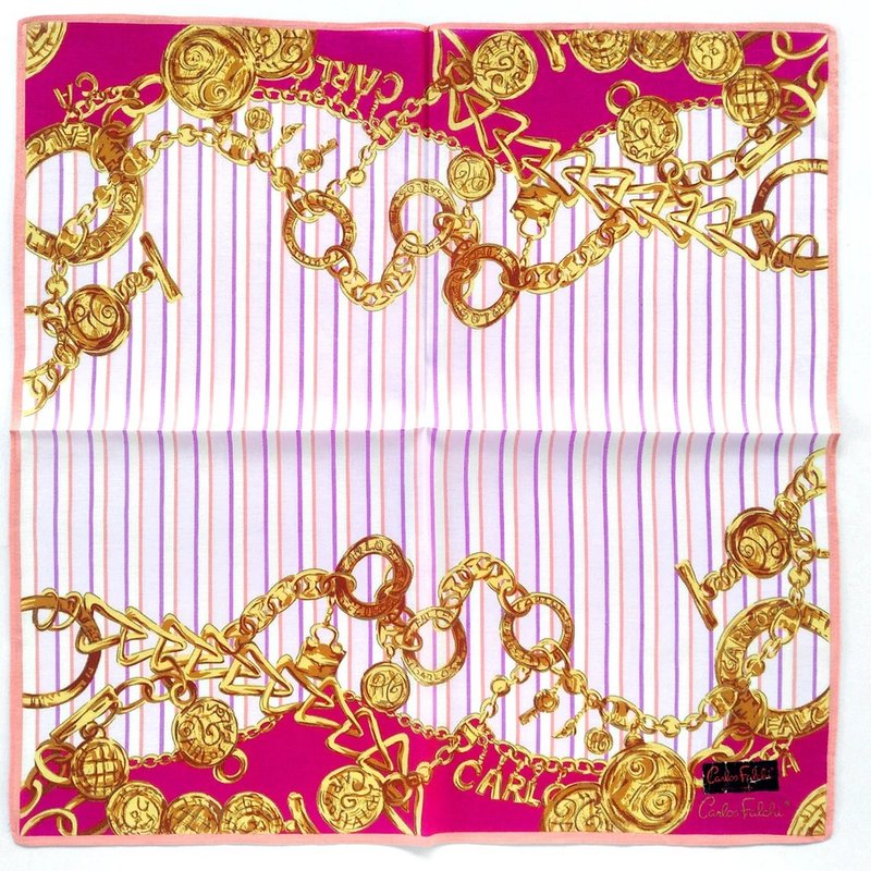 Carlos Falchi Vintage Handkerchief Golden Chain and Charms 19 x 19 inches - 手帕/方巾 - 棉 粉红色