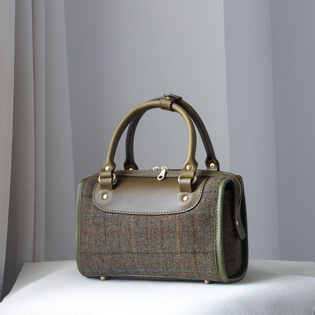 【羊毛拼皮】Harris Tweed 波士顿女包 手提肩背包秋冬女士包包 - 侧背包/斜挎包 - 真皮 绿色